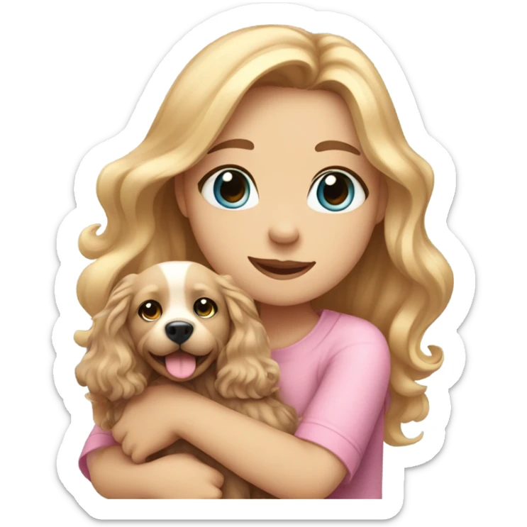 Please create a girl who hugs her pet doggie. The girl has a cute face and so does the doggie. The girl has light skin, blue eyes and pink wavy long hair. sticker