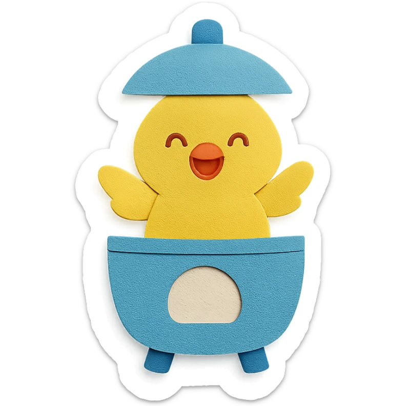 soft yellow egg cooker chick, popping out of the lid, smiling brightly, full-body sticker