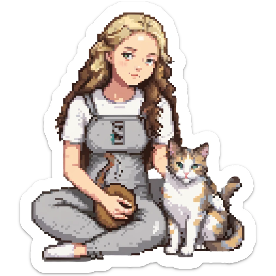 Remix: Beautiful girl with long curly brown hair, inspired by the reference, petting a gray and blonde mixed cat, pixel art style, girl sitting cross-legged, cat curled beside her sticker