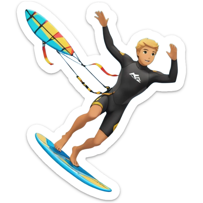 An athlete in a wetsuit riding a kiteboard, soaring over the sea waves with the kite high in the sky. The background features a vibrant blue sky and crashing ocean waves, capturing the thrill and freedom of kitesurfing in dynamic motion. sticker