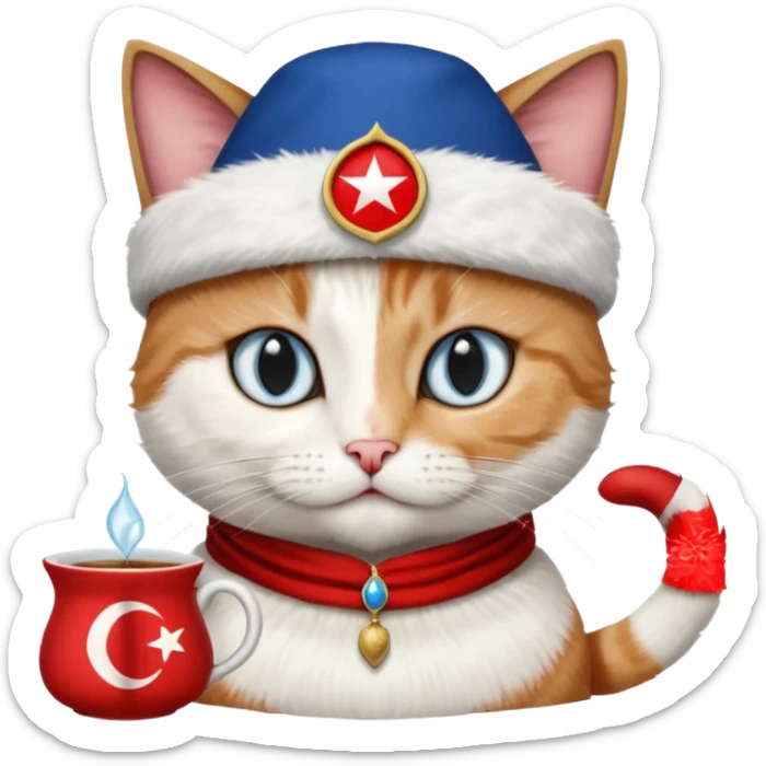 Arkasında Türk bayrağı olan  ve çay içen kafasına fes takan bir van kedisi sticker
