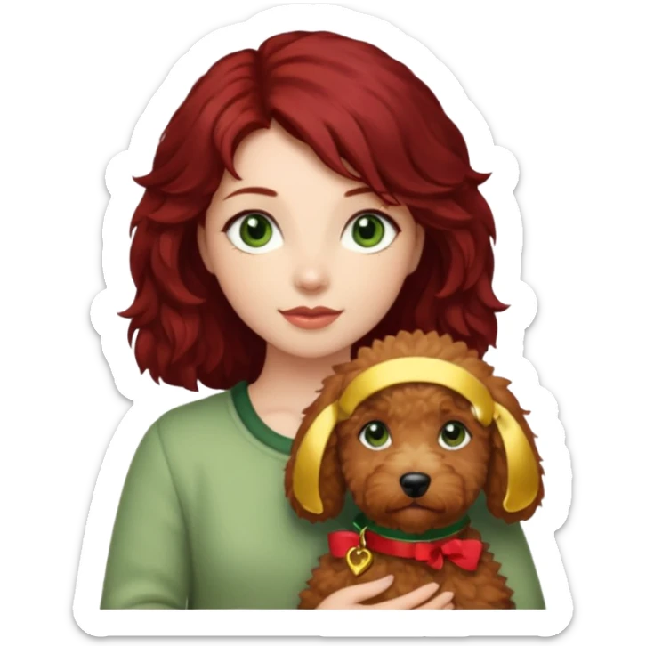 Girl with dark red hair green eyes holding a beige goldendoodle sticker