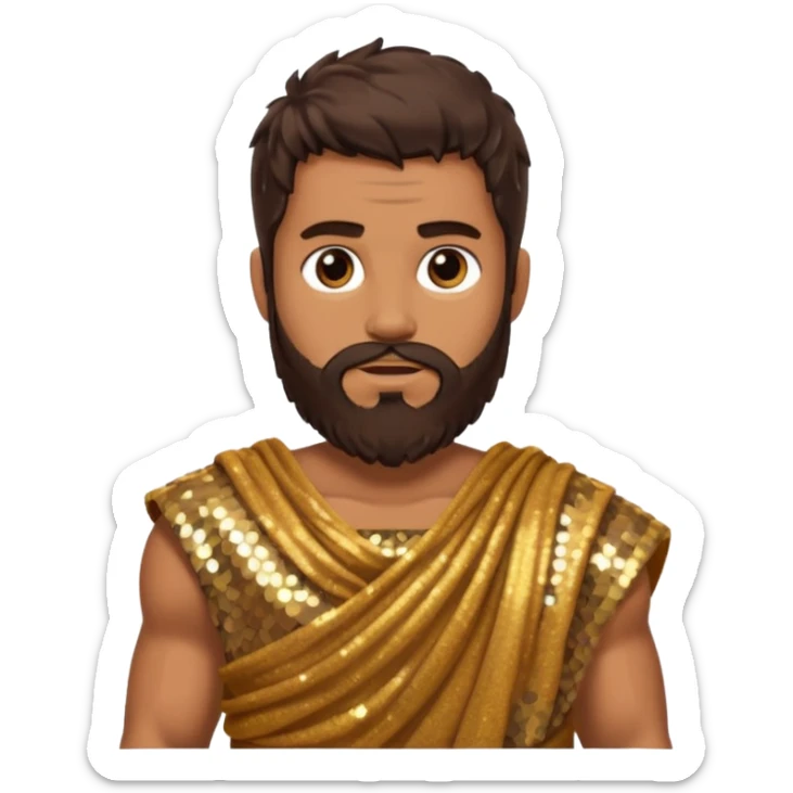 Hercules from Roman Deities with long dark brown hair and beard, bronze sequin toga sticker