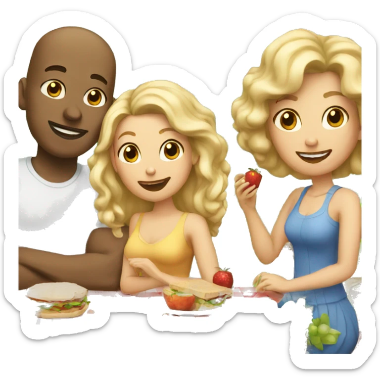 bald man, woman with blonde curls and woman with brown hair on a picnic sticker