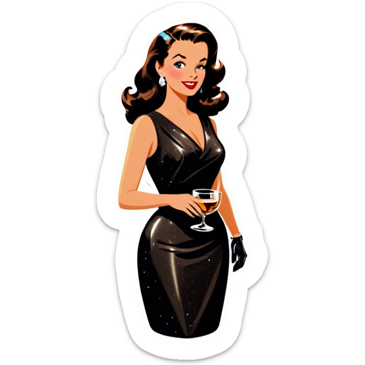 Beautiful woman in 1950’s woman fashion look, black shimmery dress, long dark brown hair, whisky with ice sticker