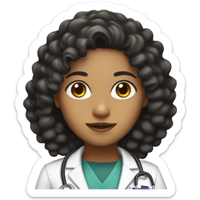 woman dark olive skin with very dark long curly hair with a doctor uniform on and dark eyes sticker