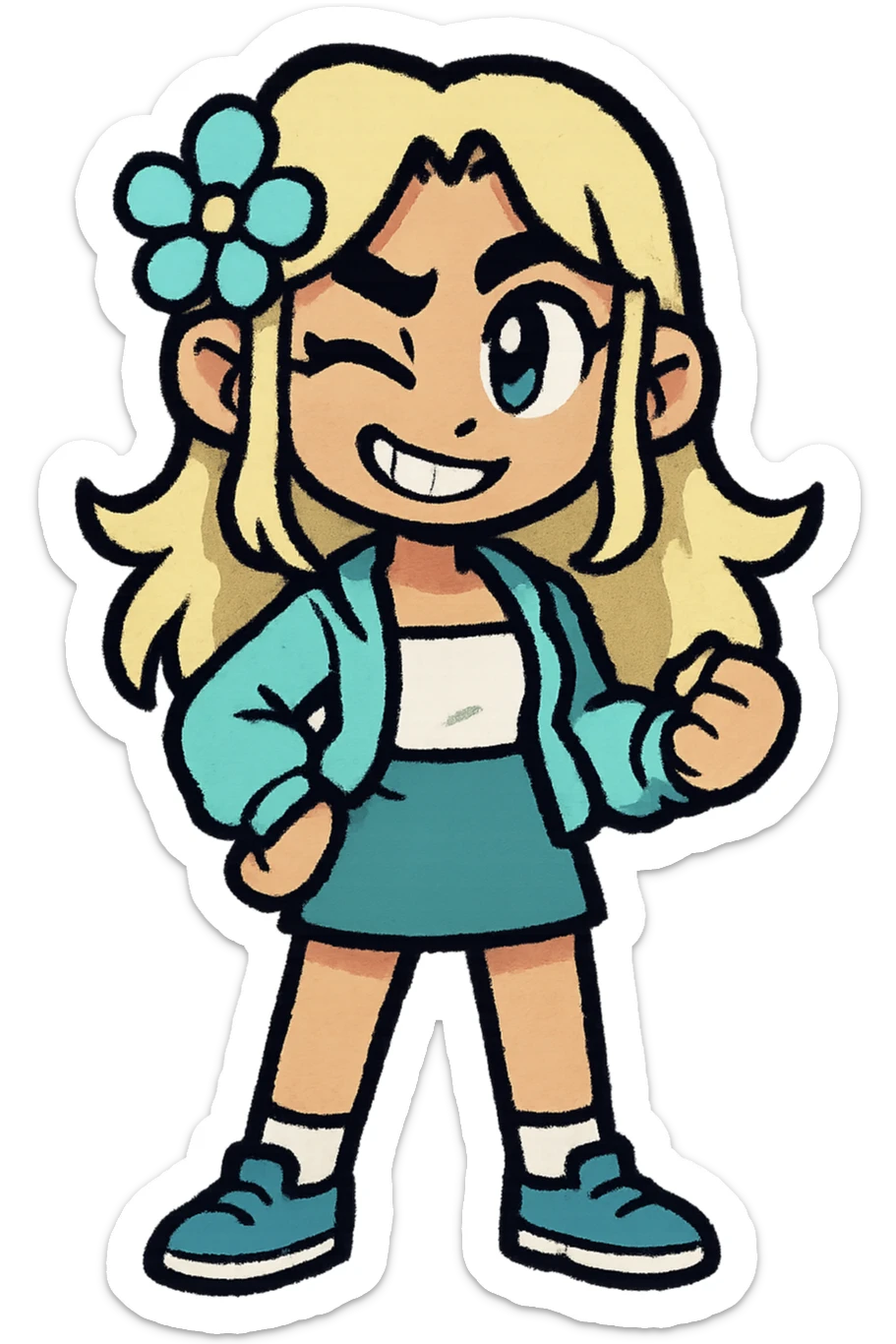 Edit the cartoon character to have a playful wink and a mischievous grin, expressing confidence and charm. Maintain a transparent background. sticker