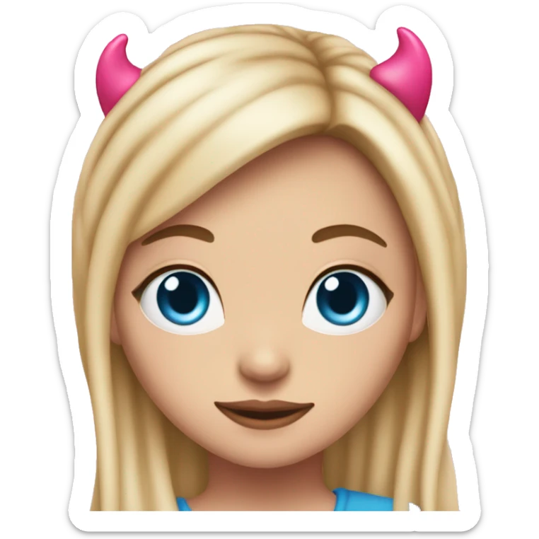 white girl with long blonde hair and curtain bangs. pink hearts on her cheeks and blue eyes with a pink devil headband on her head  sticker