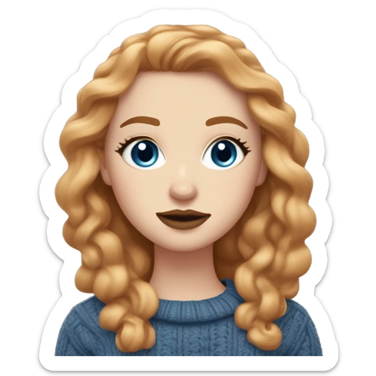 White girl with long, wavy hair a mix between ginger and dirty blonde. Blue eyes long eyelashes rose cheeks and light brown lipstick and bold eyeliner. Wearing cable knit sweater. sticker