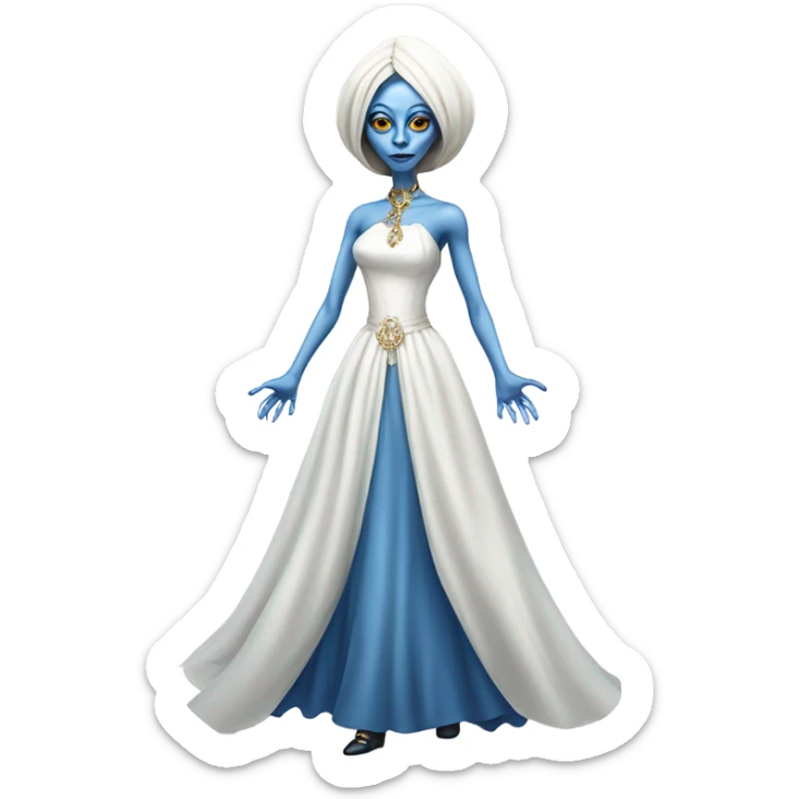 a blue alien woman full body in white Romanov dress sticker
