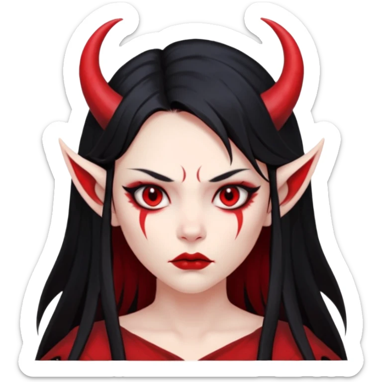 Head only: demon girl, 100% red skin, long black hair, small horns, sharp cheekbones, serious eyes, full lips, pointed ear; centered, no body, no text. sticker