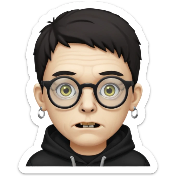 Chico moreno zombie, con gafas y sudadera negra, dos aretes en la oreja izquierda y dos en la derecha, ojeras en los ojos y sticker