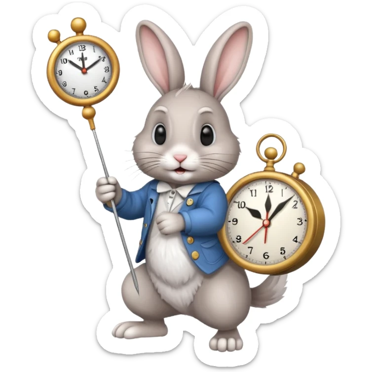 Un lapin qui a une horloge dans la main droite qui monte une aiguille  sticker