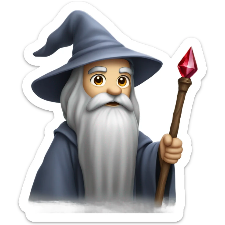 Wizard with long grey beard and silver and greyl robes, holding a wooden staff with a ruby on it sticker