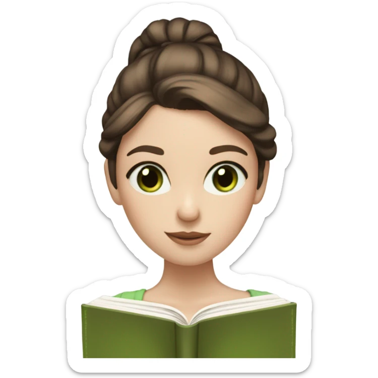 Girl with brown hair in a low bun, wispy bangs, green eyes, pale skin, reading a brown book sticker