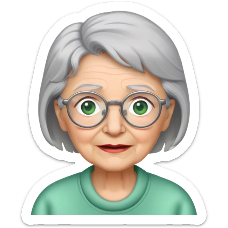 Grandma with grey hair, glasses, green eyes and no teeth sticker