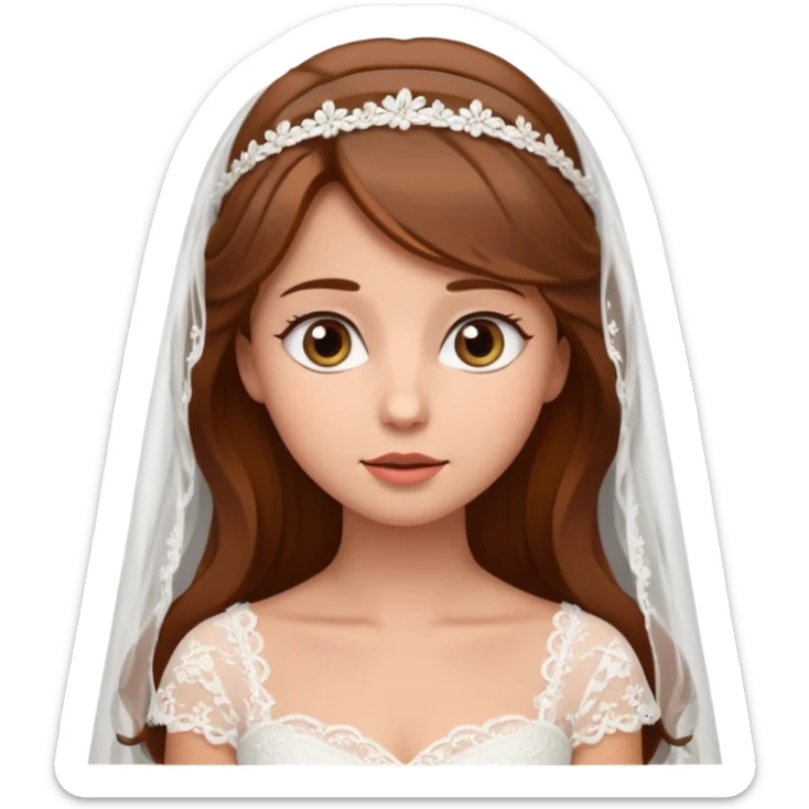 Brown-haired bride in a white wedding dress and veil, eyes looking upward with a curious expression, cute emoji style. sticker
