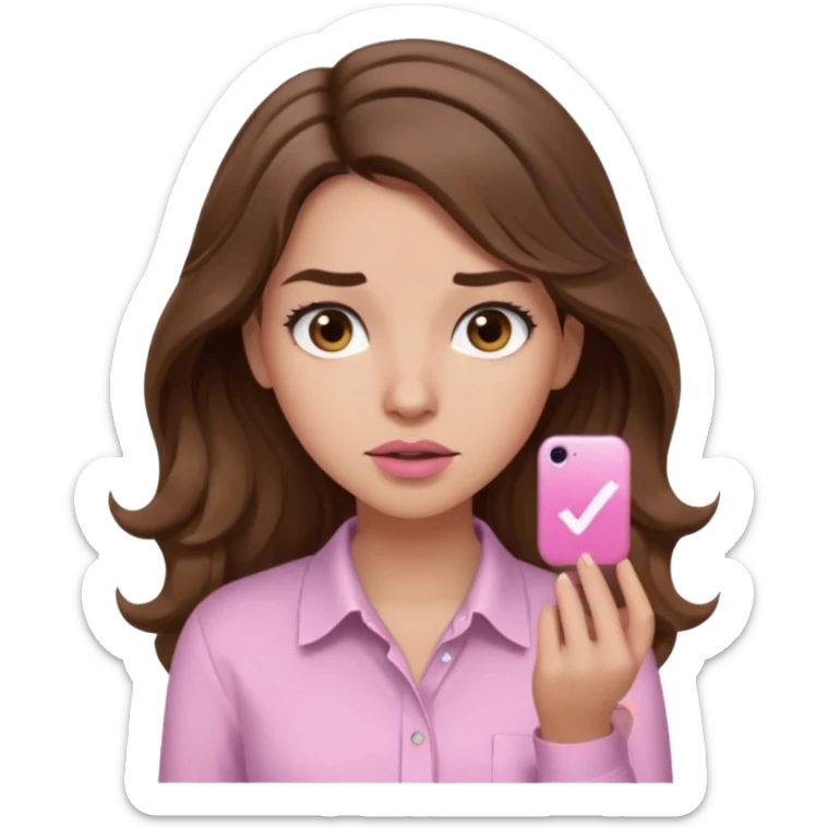 girl with wavy long brown hair, brown eyes, light to medium complexion, long lashes, light pink lipstick, wearing light pink shirt, shrugging sticker