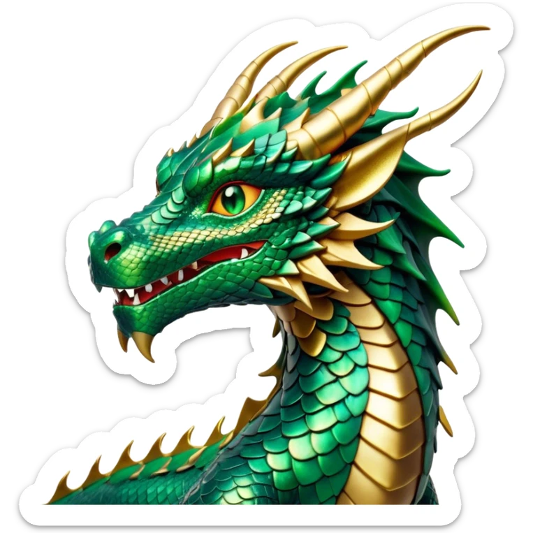 Cinematic Noble Dragon Portrait Emoji, Poised and majestic, with a sinuous, elongated body covered in intricately detailed, shimmering scales in hues of emerald and gold, and piercing, fiery eyes that reflect ancient wisdom; rendered with lifelike texture and natural highlights, high shine, intelligent and formidable, styled with an aura of mythic power, focused and attentive, soft glowing outline, capturing the essence of a legendary dragon that appears ready to soar out of the screen with timeless authority! sticker