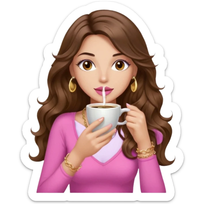 girl with long wavy brown hair, brown eyes, light to medium complexion, in a pink sexy top, pink lips, long lashes, sipping coffee sticker