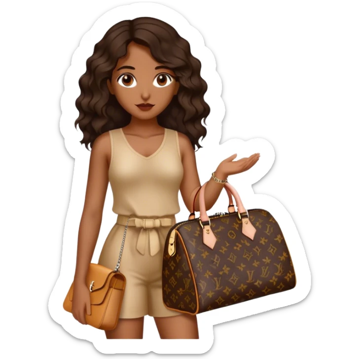  Brown girl with dark brown medium beach wavy hair carrying one Louis Vuitton purse on her arm while standing  sticker