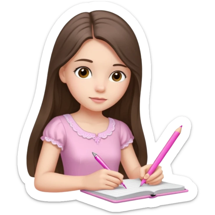 pretty white brunette teen long hair with hazel eyes in a light pink dress writing in a notebook with a pink pen sticker