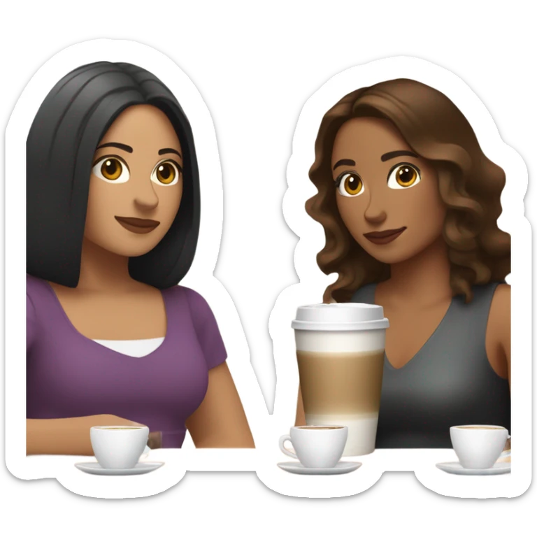 puerto rican woman light skin with shoulder-length, wavy, brown hair drinking latte with Italian Roman woman with black, straight hair drinking espresso at table sticker