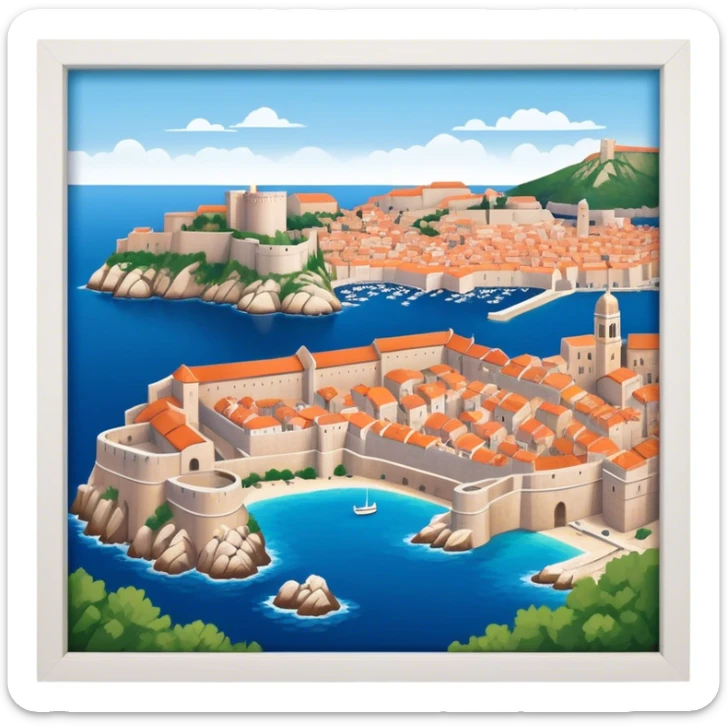 Cinematic Realistic Dubrovnik Landmark Emoji, showcasing the historic walled city with its terracotta rooftops, stone fortifications, and the deep blue Adriatic Sea stretching beyond. sticker