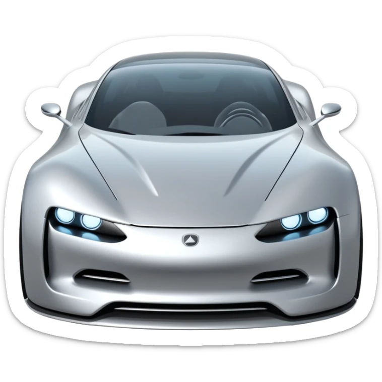 A low-profile futuristic car emoji made of polished silver chrome, wide body stance, smooth aerodynamic shape, glossy metallic surface, soft reflections, luxury swag aesthetic, minimal details, iOS emoji style, centered on clean white background, studio lighting sticker