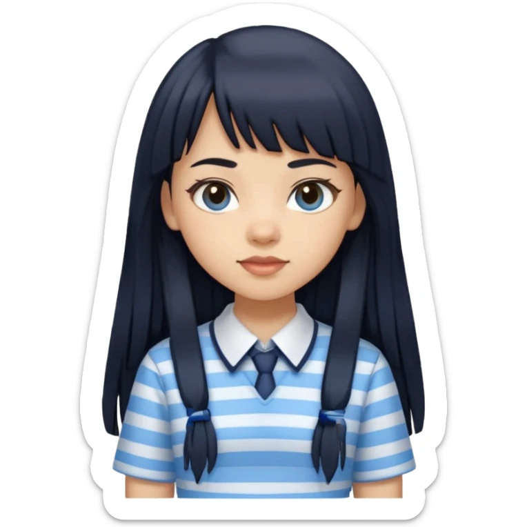 hair : black long hair with fringe 
skin : light 
cloth : light blue stripe shirt + navy long long school girl skirt



 sticker