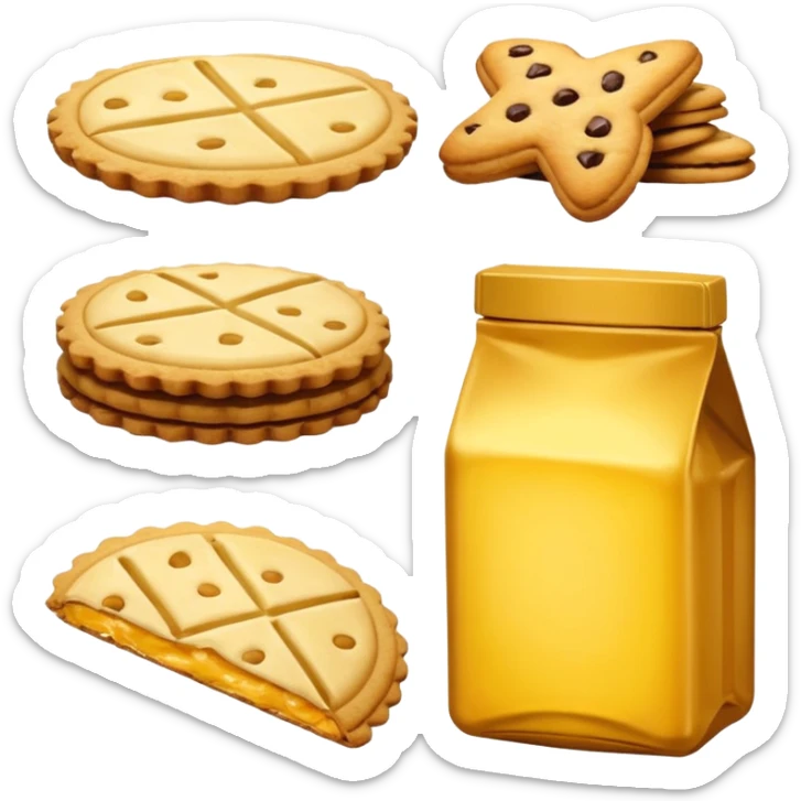 diverse types of hydrogenated fats together: margarine, bottled hydrogenated vegetable oil, industrial snacks (bagged chips), and industrial cookies, isolated on white background sticker