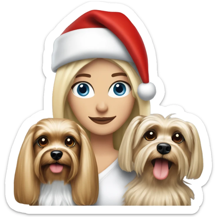 blonde woman blue eyes holding Yorkshire terrier wearing red santa hat standing with George Clooney  sticker
