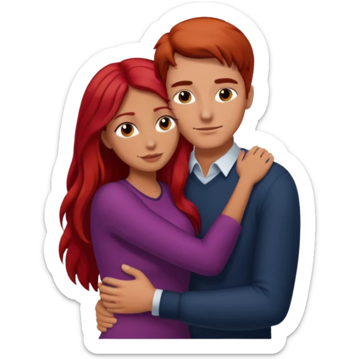 Tall man with dark hair hugging shorter woman with long red hair  sticker