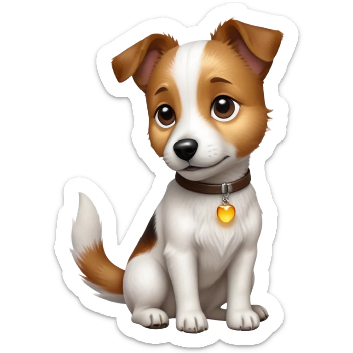 cinematic-[jack russel]-realistic-full-body-sitting-emoji,-tail-resting-loosely-beside-its-paws,-head-tilted-dramatically, -scruffy-[brown and white]-fur,-simplified-yet-realistic-focused-features,-highly-detailed,-glowing-with-an-almost-sarcastic-glow sticker