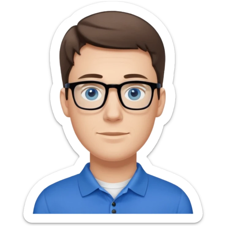 Scott The WozYoung white man, late 20s, short brown hair, blue eyes, clean-shaven, thin black rectangular glasses, slim build, wearing a blue polo shirt, friendly and energetic look. sticker
