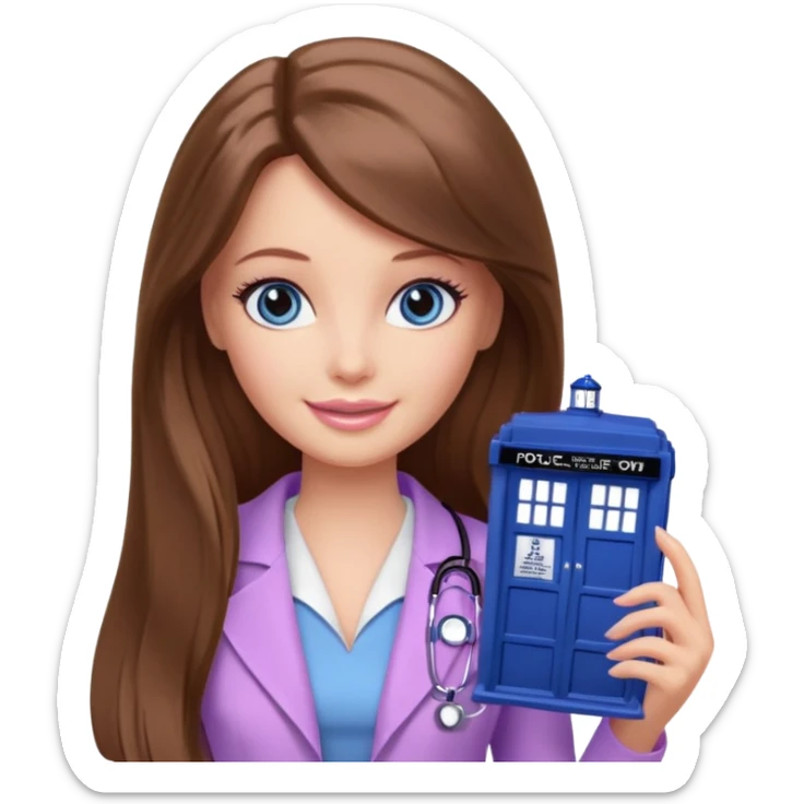 beautiful barbie girl with long brown hair, blue eyes and wearing light purple clothes watching doctor who sticker