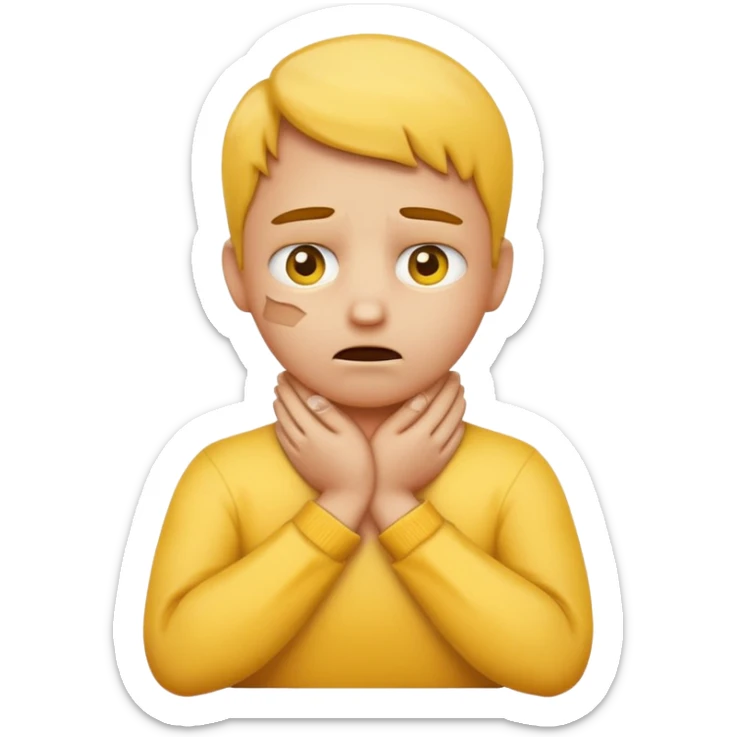 Yellow face emoji strangling itself with 2 arms crossed and hands saround neck and eyes looking up slightl sticker
