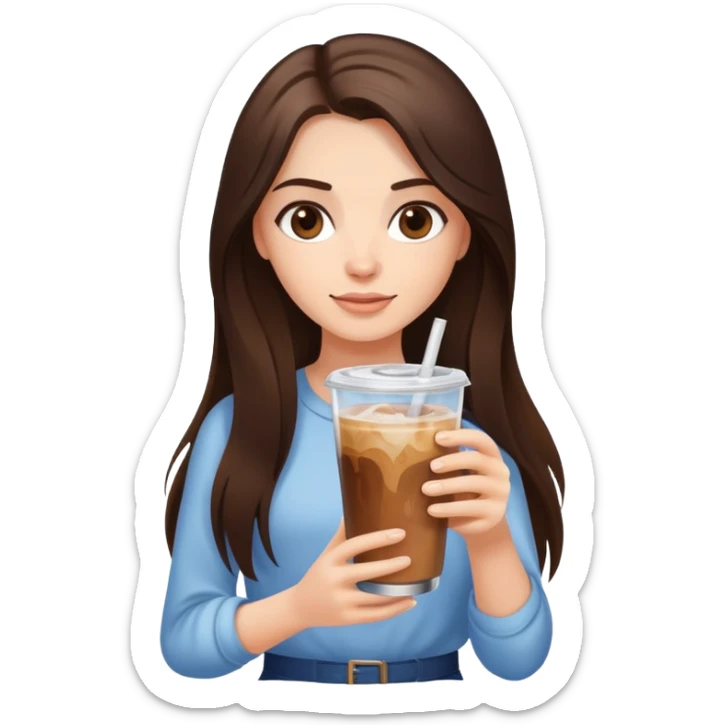 Brunette girl with long hair holding a glass with iced coffee in it  sticker