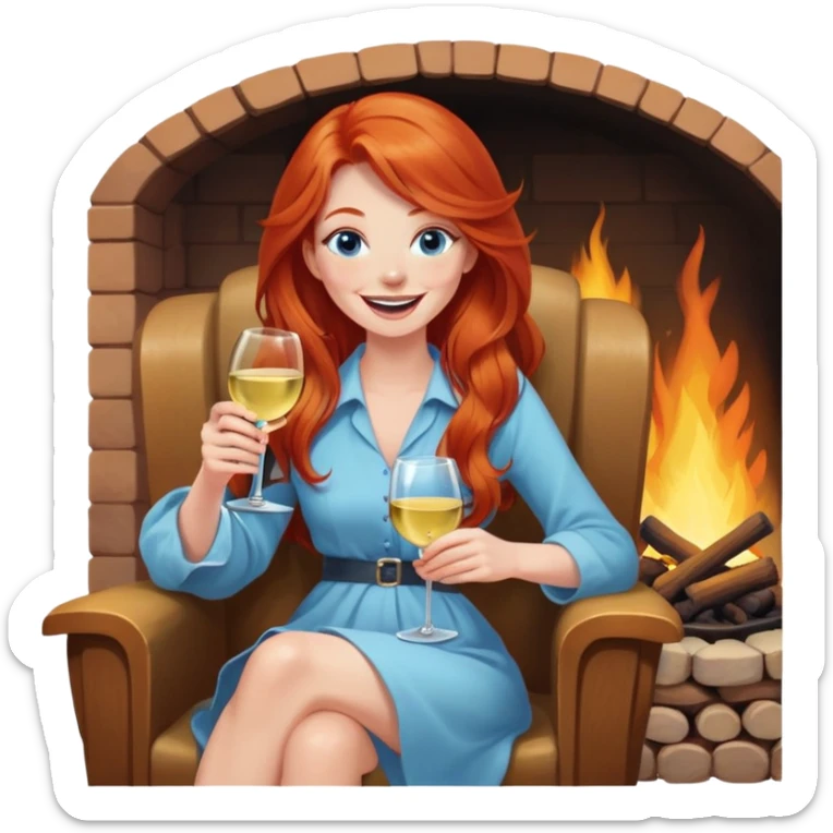 Laughing redhead with long hair and blue eyes holding white wine sitting in chair beside fire  sticker