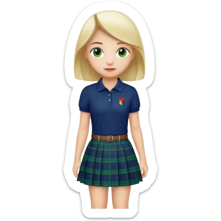 School uniform with navy polo shirt and navy plaid skirt with green white and red  sticker