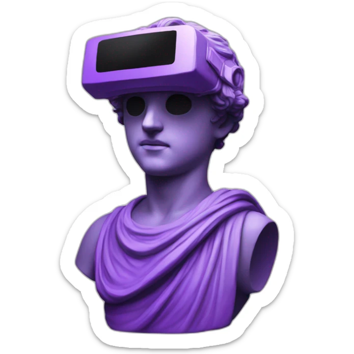 an EMOJI OF A ancient young greek statue, wearing VR headset, purple colors, DIGITAL UNIVERSE sticker