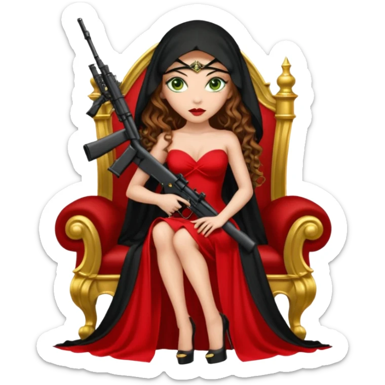 Drug dealer female green eyes symbol.  hair is brown curly long hair. sexy long with long red and black dress and face veion that covers her mouth only. black stiletto platform high heels shoes on. Holding sniper rifle sitting on a gold throne. sticker