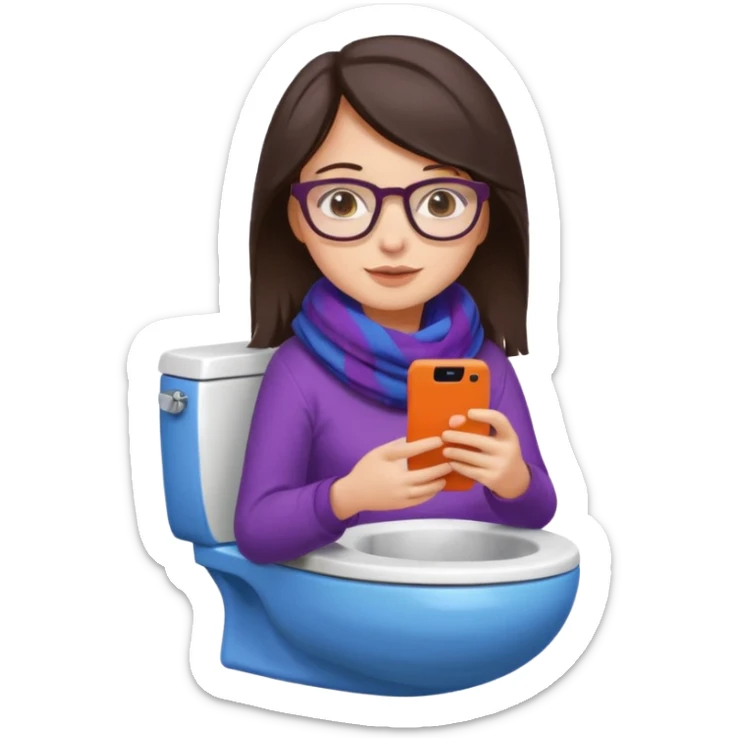 Fille châtain foncé avec lunettes. Elle porte une grosse écharpe violette, bleu et orange. Elle est dans une cuvette de toilette. Téléphone en main. Realiste sticker