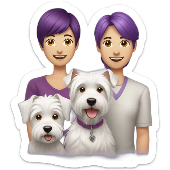 Family picture woman with purple hair, aduld son with dark brown hair and happy West Highland White Terrier sticker