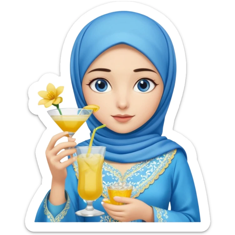 Turkish beautiful finish Konya girl blue eyes with blue hijab islamic dress and had on her hand white yellow flower mocktail sticker