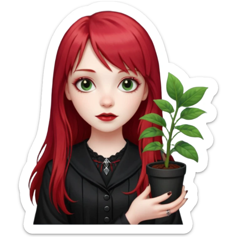 a gothic girl with long red hair and bangs holding a lucky pin and plant sticker