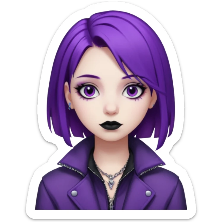 amelia from Pathway the uk governement game. The goth e-girl with purple hair and purple jacket sticker