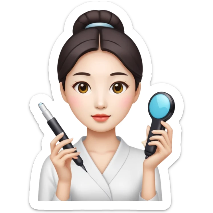 fresh atmosphere Korean woman holding beauty device, emoji style sticker