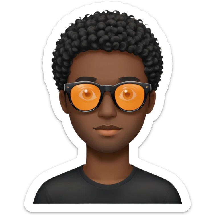 đàn ông 30 tuổi, da đen, tóc ngắn xù màu đen, đeo mắt kính râm màu cam nhẹ trong suốt nhìn thấy mắt, gọng kính màu đen, mặt ngầu, áo đen sticker