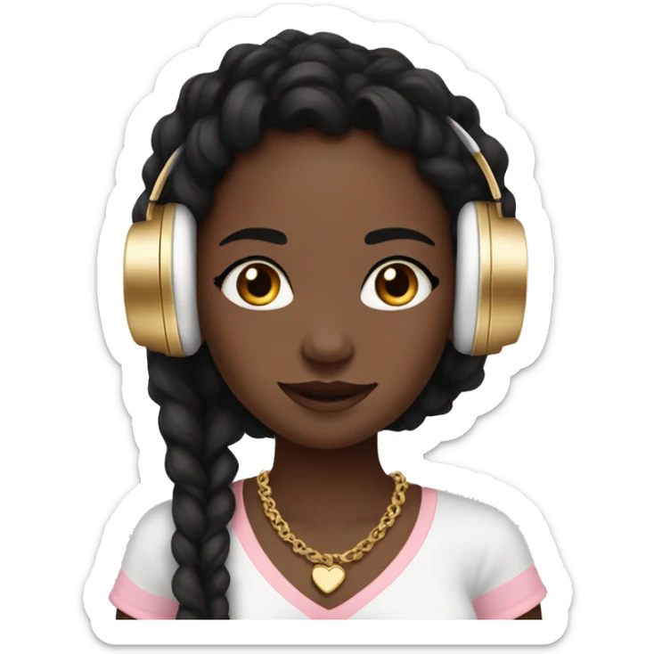 African girl. Black long twists. Wearing white headphones. Listening to music. Wearing a light pink v neck top. Gold Jewelry. Makeup. Blush. sticker